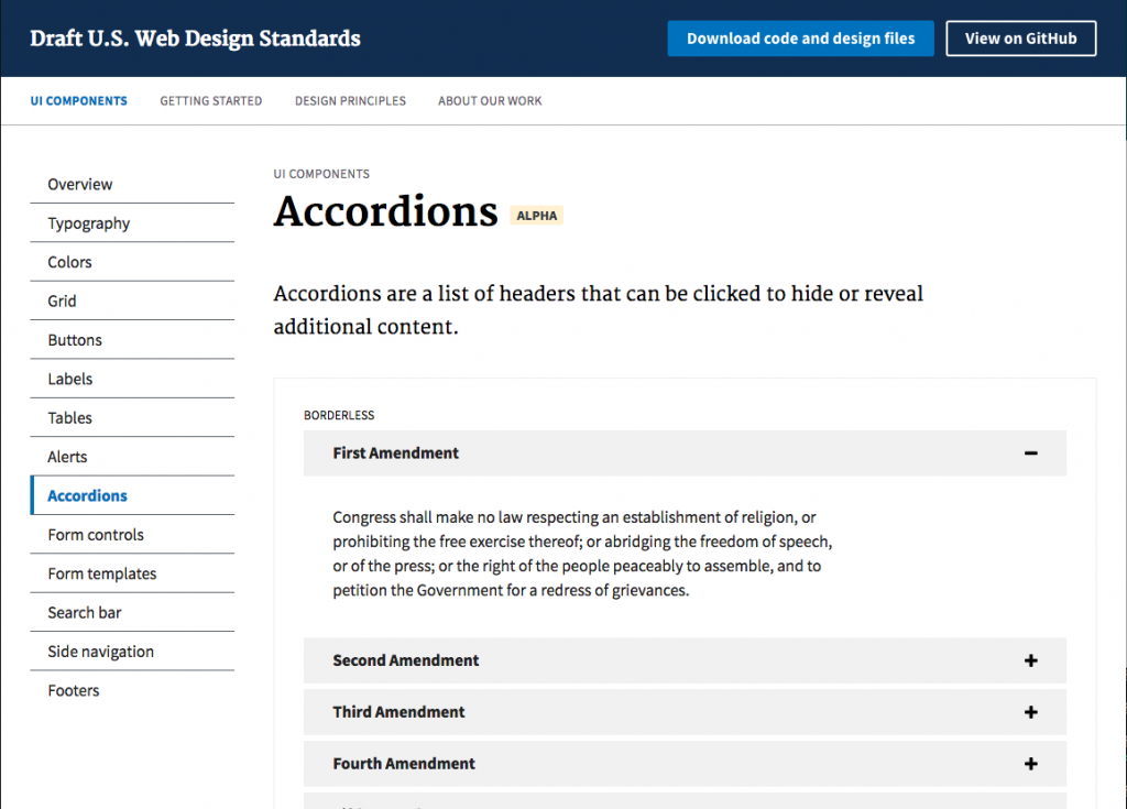 Each pattern in the Draft U.S. Web Design Standards pattern library has a succinct definition for each pattern width=