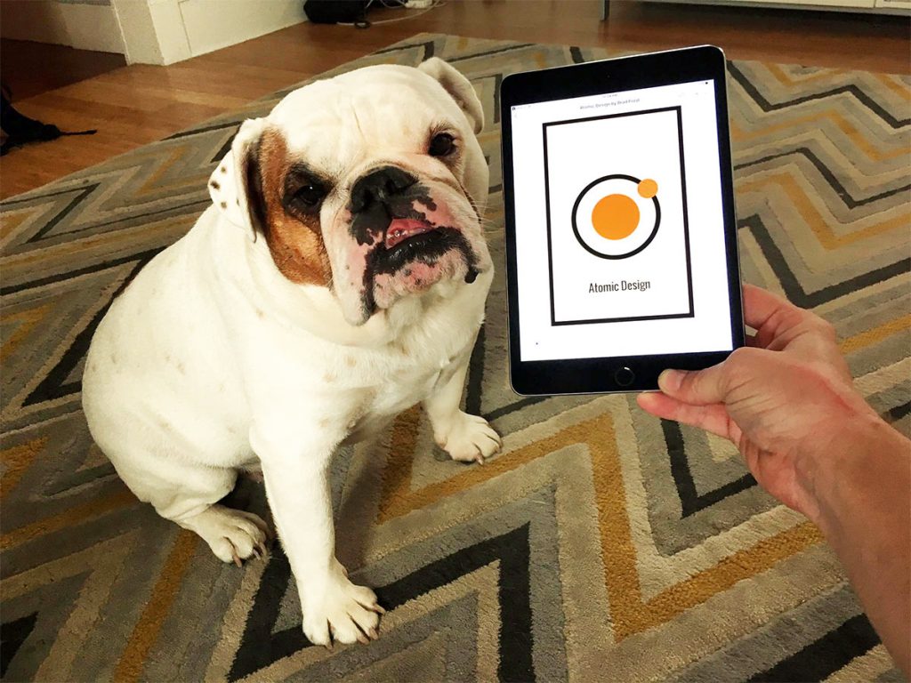 Ziggy the model bulldog with the Atomic Design ebook on an iPad