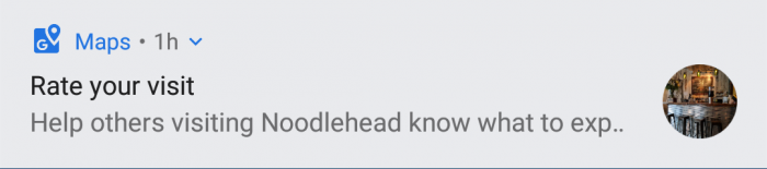 Google notification: Rate your visit, help others visiting Noodlehead know what to expect.