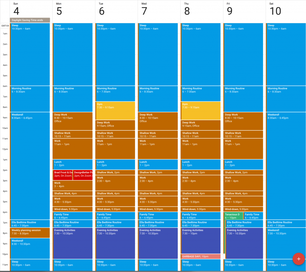 Google Calendar with one week of time blocked out by activity type.