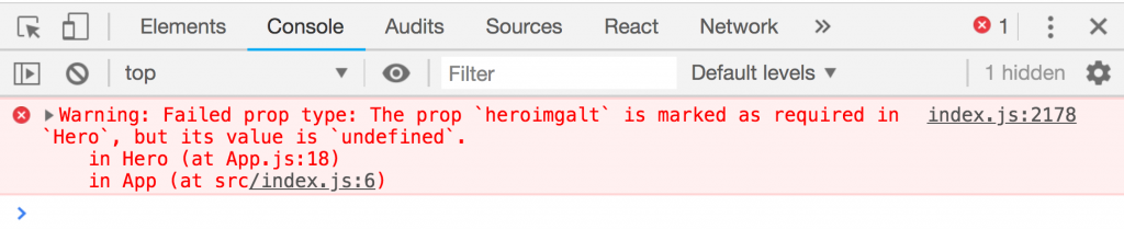 Google Chrome dev tools console displaying a message: Warning: Failed prop type: The prop `heroimgalt` is marked as required in `Hero`, but its value is `undefined`. in Hero (at App.js:18)