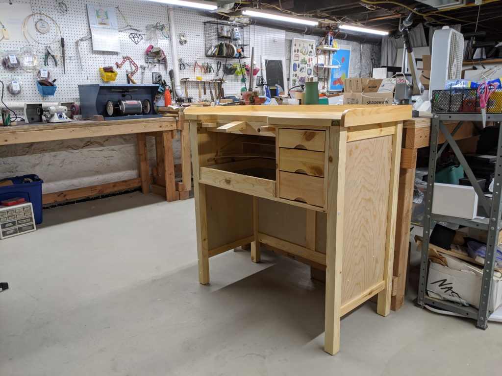 Jeweler's bench successfully assembled in Frost Finery's headquarters