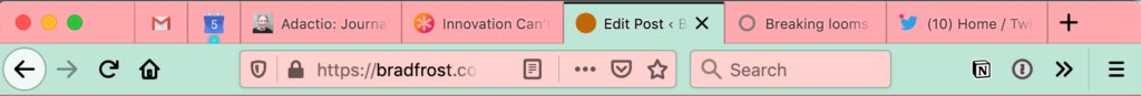 Screenshot of Firefox UI with pink and light blue theme applied