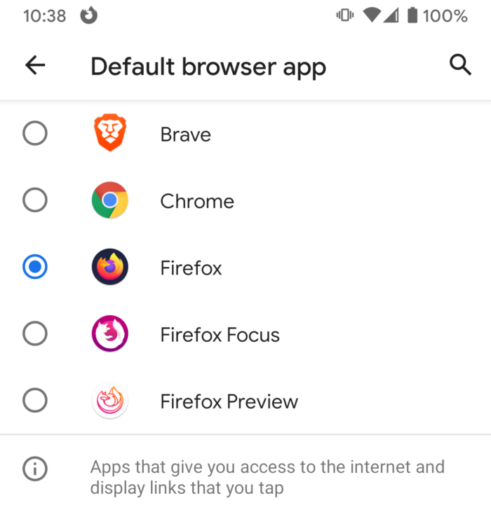 Screenshot of Android change default browser app screen, showing a radio list containing Brave, Chrome, Firefox, Firefox Focus, and Firefox Preview