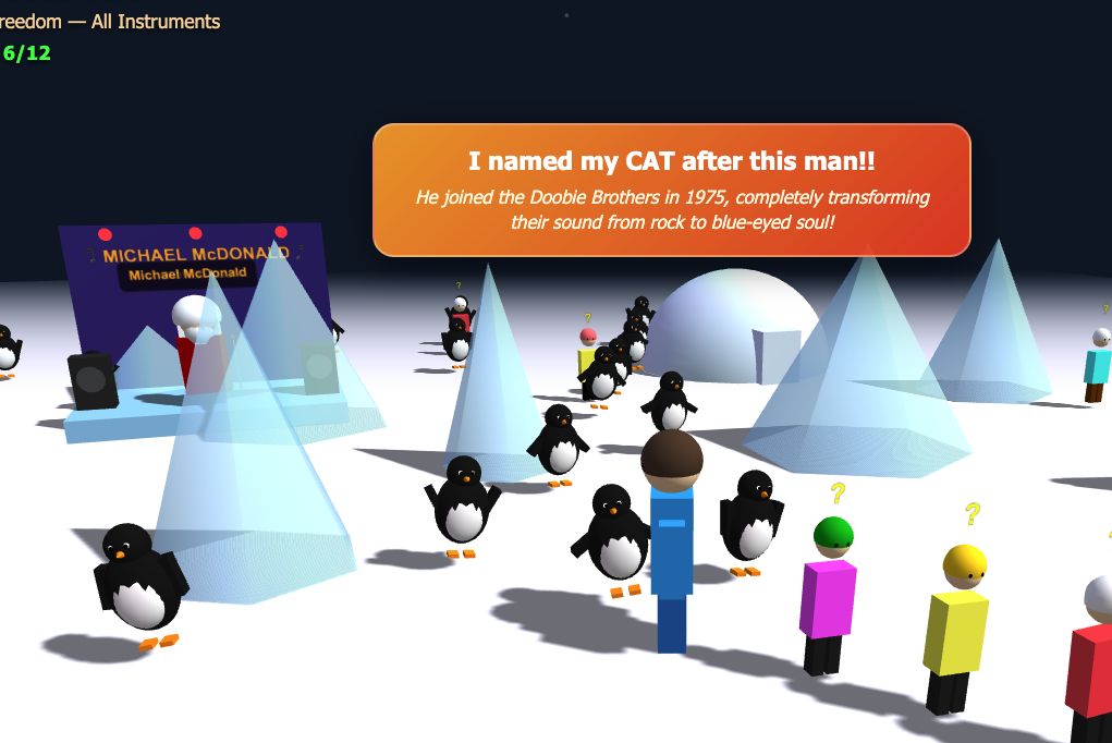 A digital scene with cartoon penguins, colorful toy-like figures, and icebergs. A stage reads "Michael McDonald." A speech bubble says "I named my CAT after this man!" and stating a Michael McDonald fact