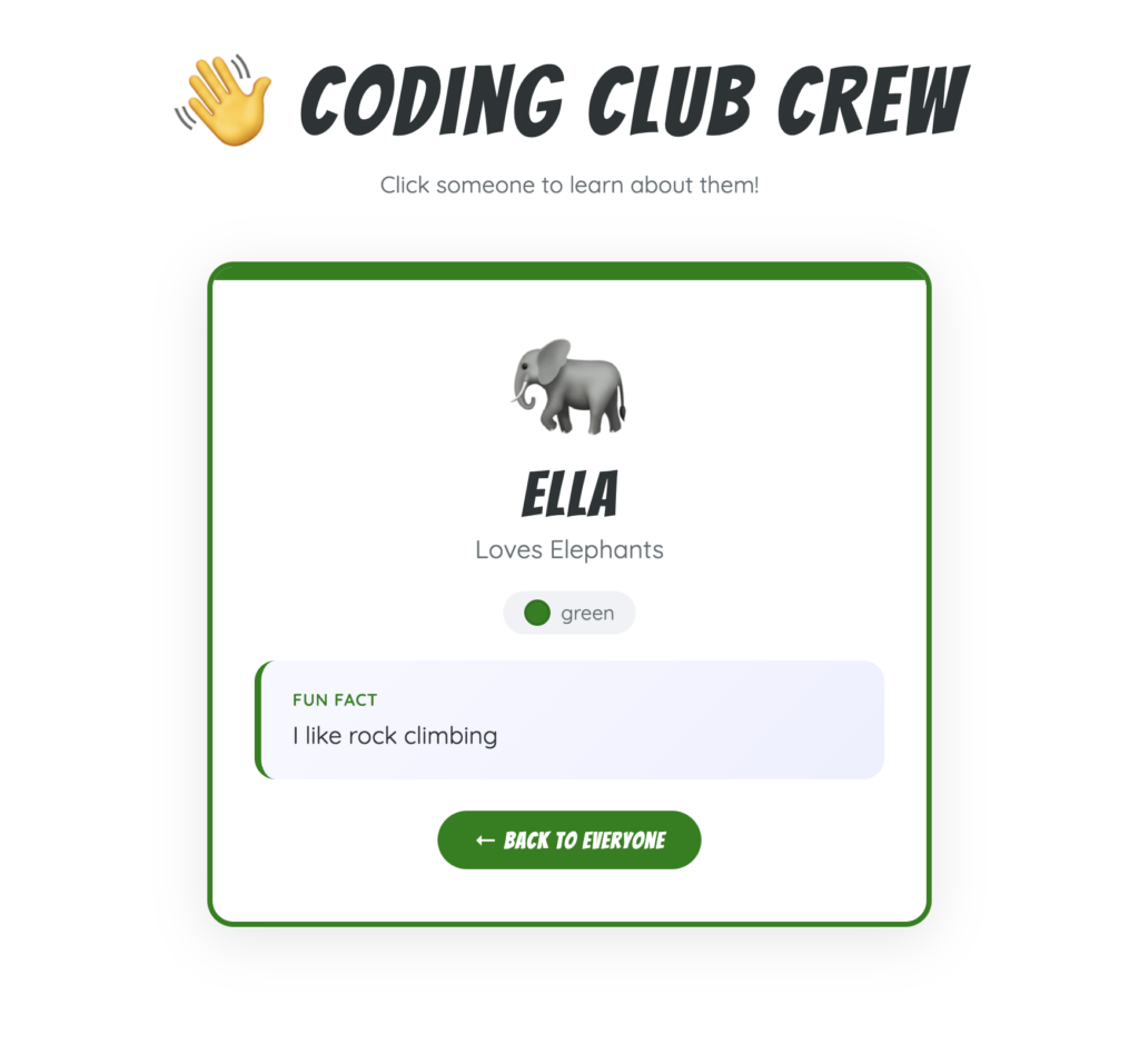 A card from the coding club demo website that shows a green card with Ella "loves Elephants" . A fun fact that says "I like rock climbing", and a button that reads "Back to everyone"