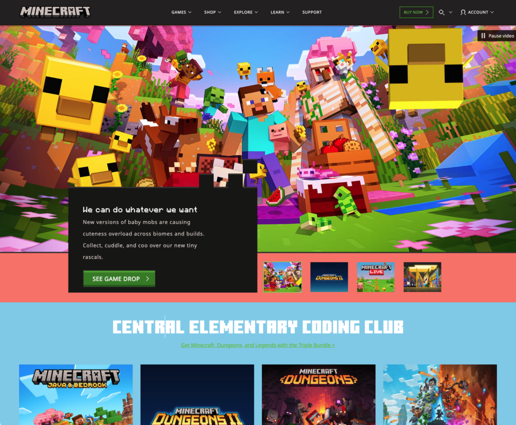 An altered version of Minecraft's website using web inspector to change background colors to pink and blue
