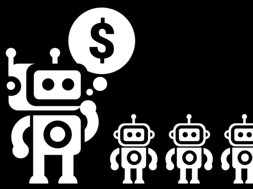 Illustration of a robot thinking about money beside a row of smaller robots
