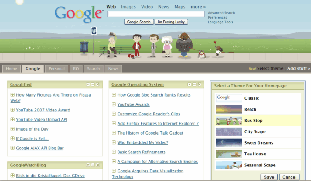 Google Personalized Homepage featuring themes like "Beach" "Bus Stop" "City Scape" "Sweet Dreams" "Tea House" and "Seasonal Scape"