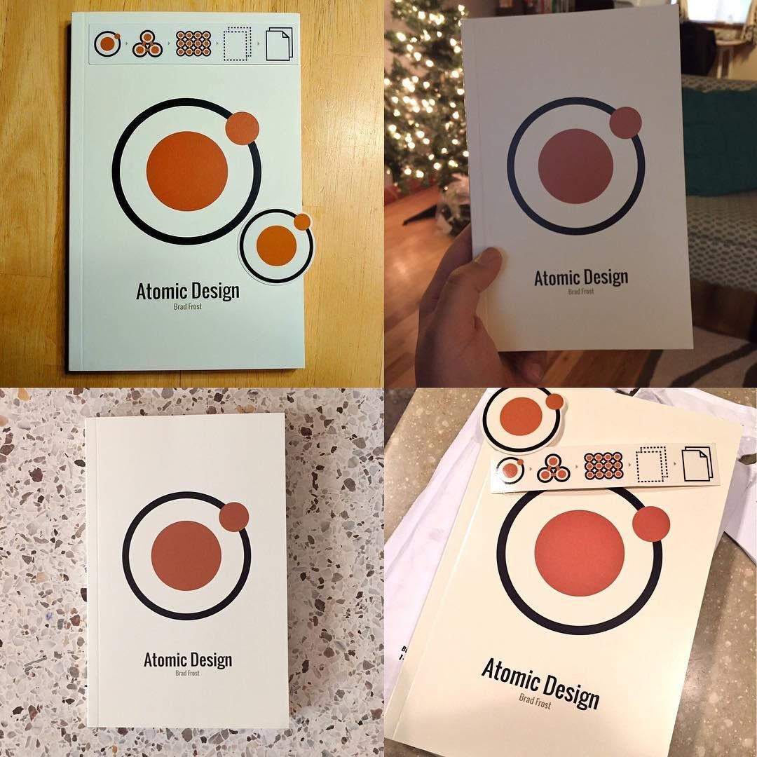 Four photos of printed Atomic Design book proofs