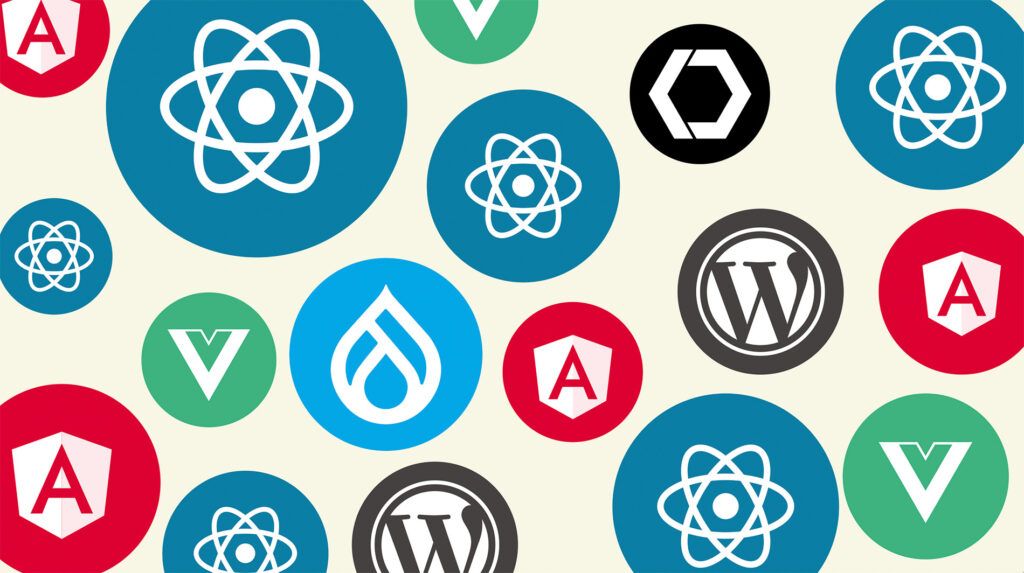 A number of varied circles with different technology logos (React, Angular, WordPress, Vue, etc) inside them