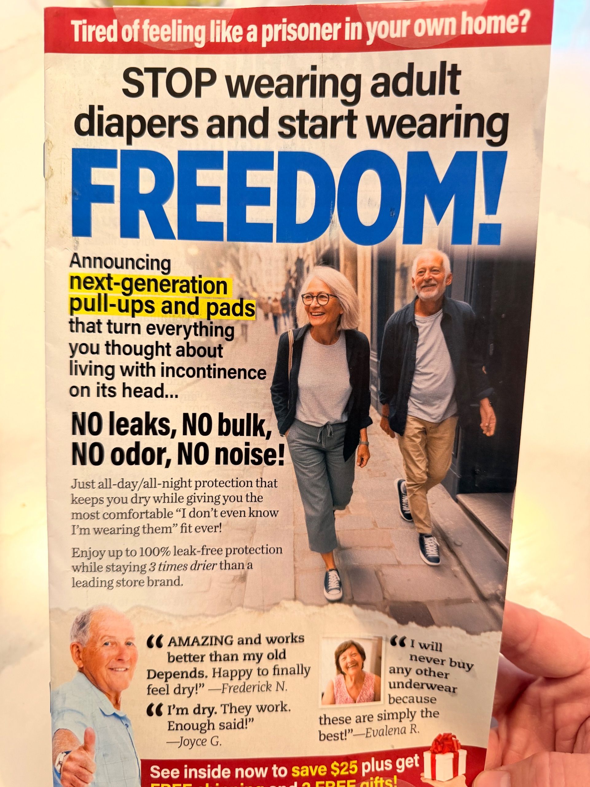 Advertisement for incontinence products featuring two older adults walking together, with testimonial quotes and product benefits highlighted in large text promoting pull-ups and pads.