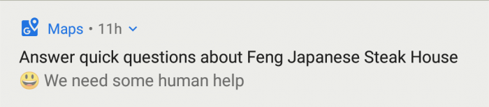 Google notification: answer quick questions about Feng Japanese Steak House, we need some human help