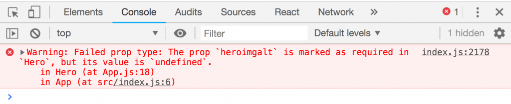 Google Chrome dev tools console displaying a message: Warning: Failed prop type: The prop heroimgalt is marked as required in Hero, but its value is undefined. in Hero (at App.js:18)