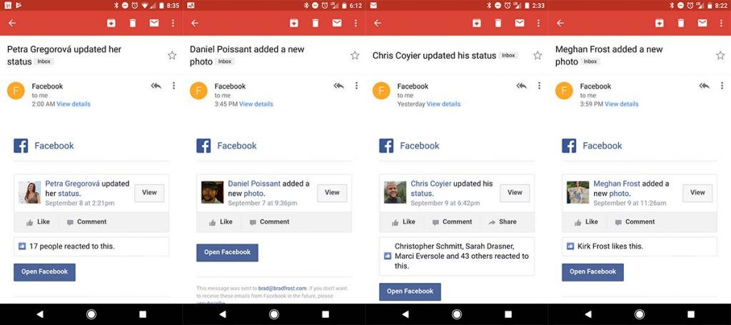Facebook notification emails showing friends' general updates