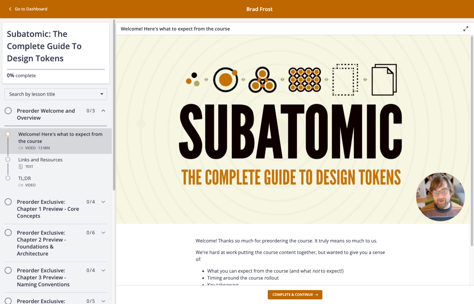 Screenshot of design tokens course web UI