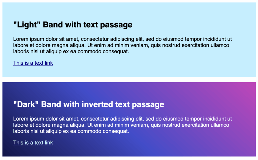An example of a "light" band with dark text and components sitting on it, and another example of a "dark" band with white text and components sitting on a dark background