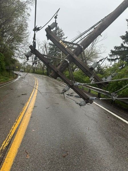 A downed power line over a road.