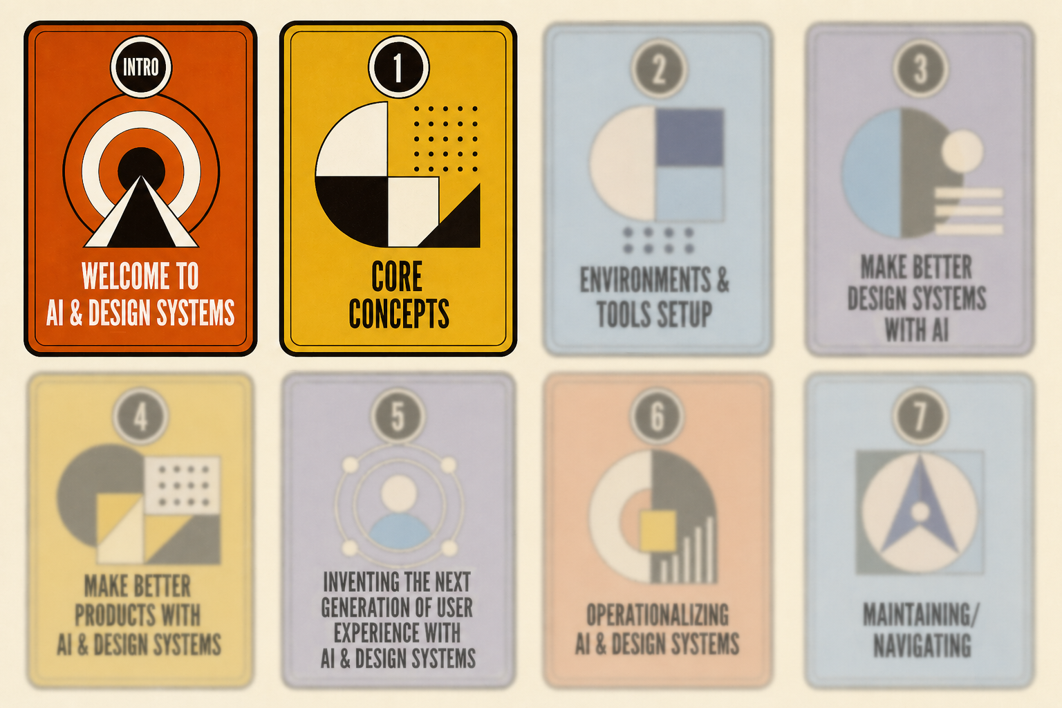 AI & Design Systems course progress, with intro and Chapter 1 nearly complete, and Chapters 2-7 emerging (appearing as slightly blurry and desaturated)