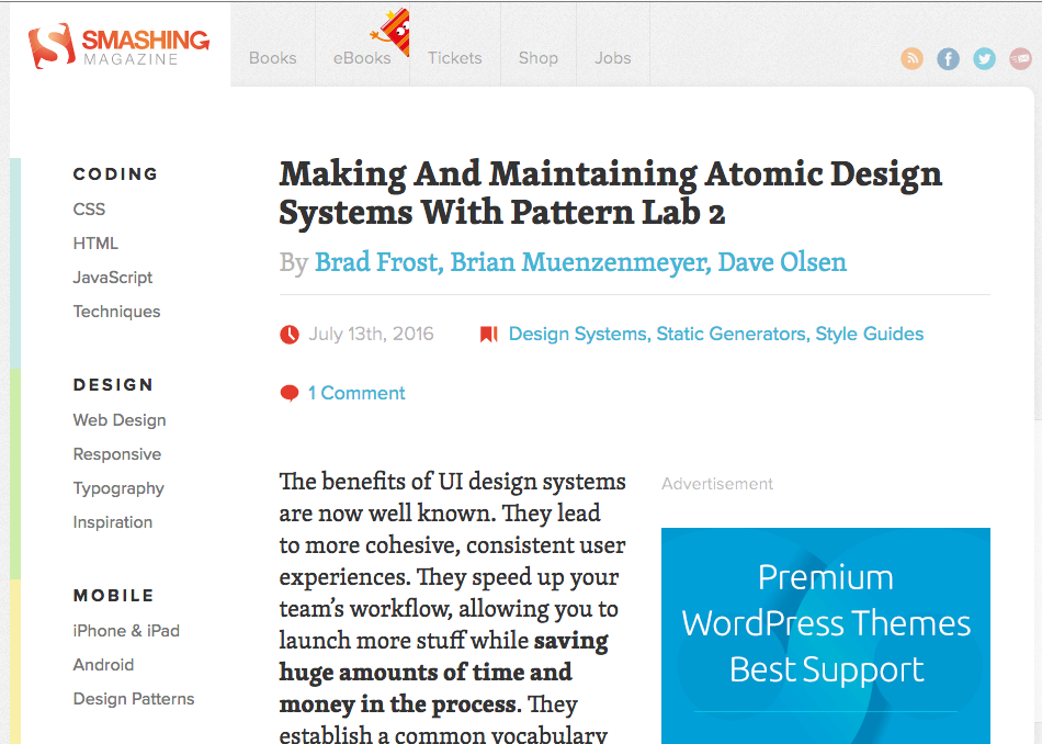 Smashing Magazine article: Making and Maintaining Atomic Design Systems with Pattern Lab 2