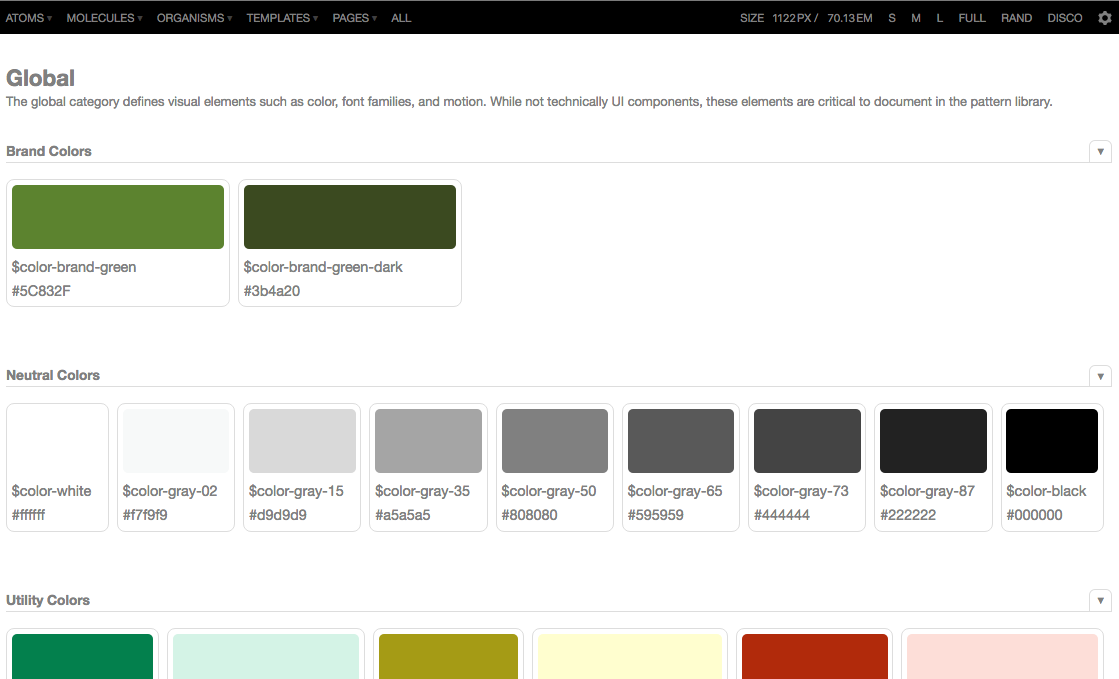 Pattern Lab 2's demo style guide showing the global color palette