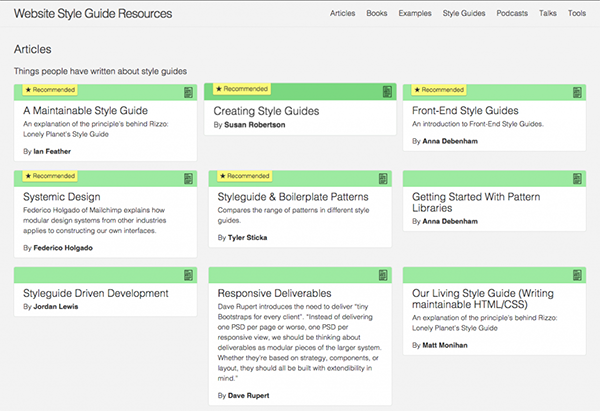 The Styleguides.io articles page, listing writing about style guides