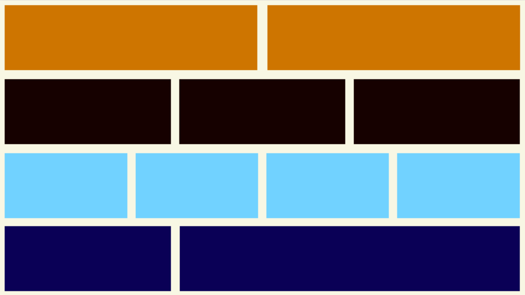 An illustration of various grid formations. A top row shows two grid items displayed side by side. The next row shows items displayed three across. The next row shows items displayed four across. The bottom row shows one item occupying 1/3 of the space, while the other item occupies 2/3 of the space.