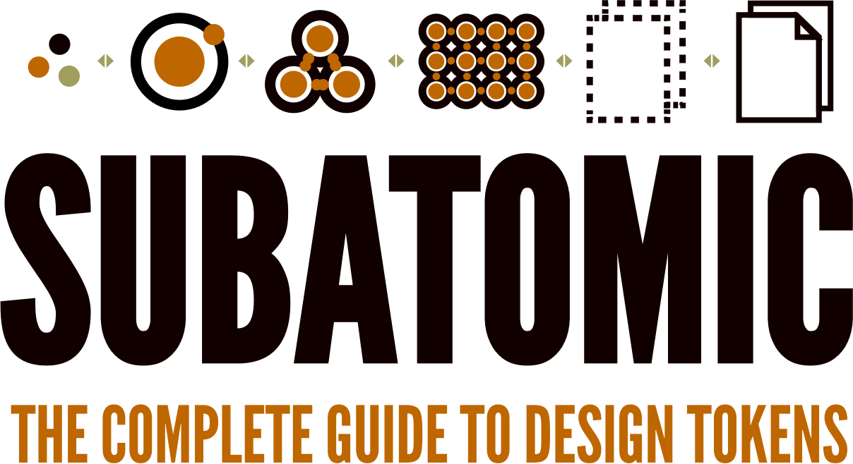 Logo for Subatomic: The Complete Guide To Design Tokens by Brad Frost. It features the 5 symbols of atomic design with a n