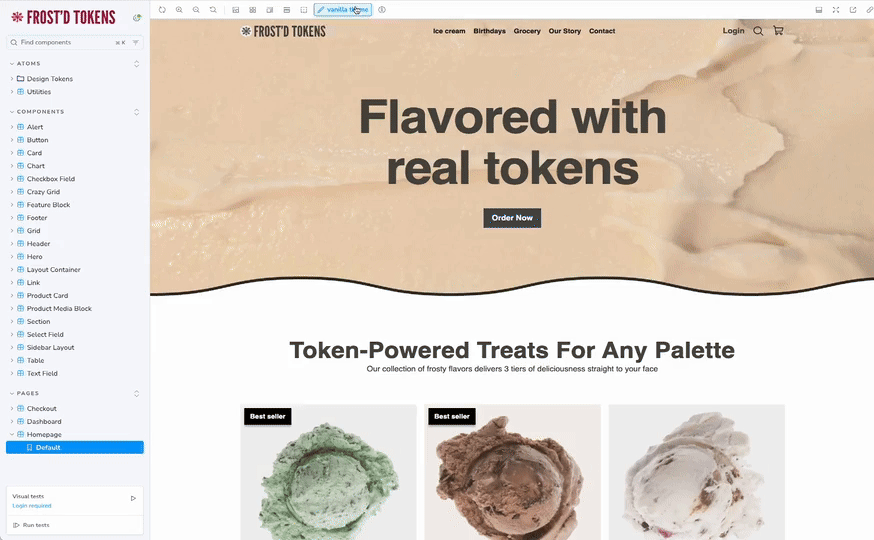 Animation of the Frost'd Tokens ice cream demo site switching between themes