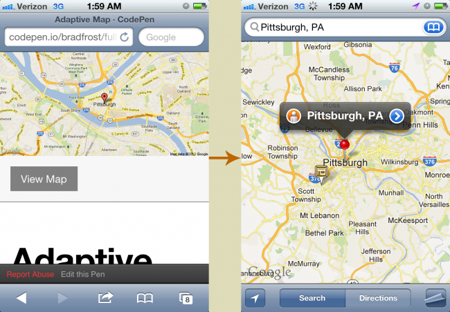 Links to Google Maps in Mobile Safari Opens the native Maps application Links to Google Maps in Mobile Safari Opens the native Maps application