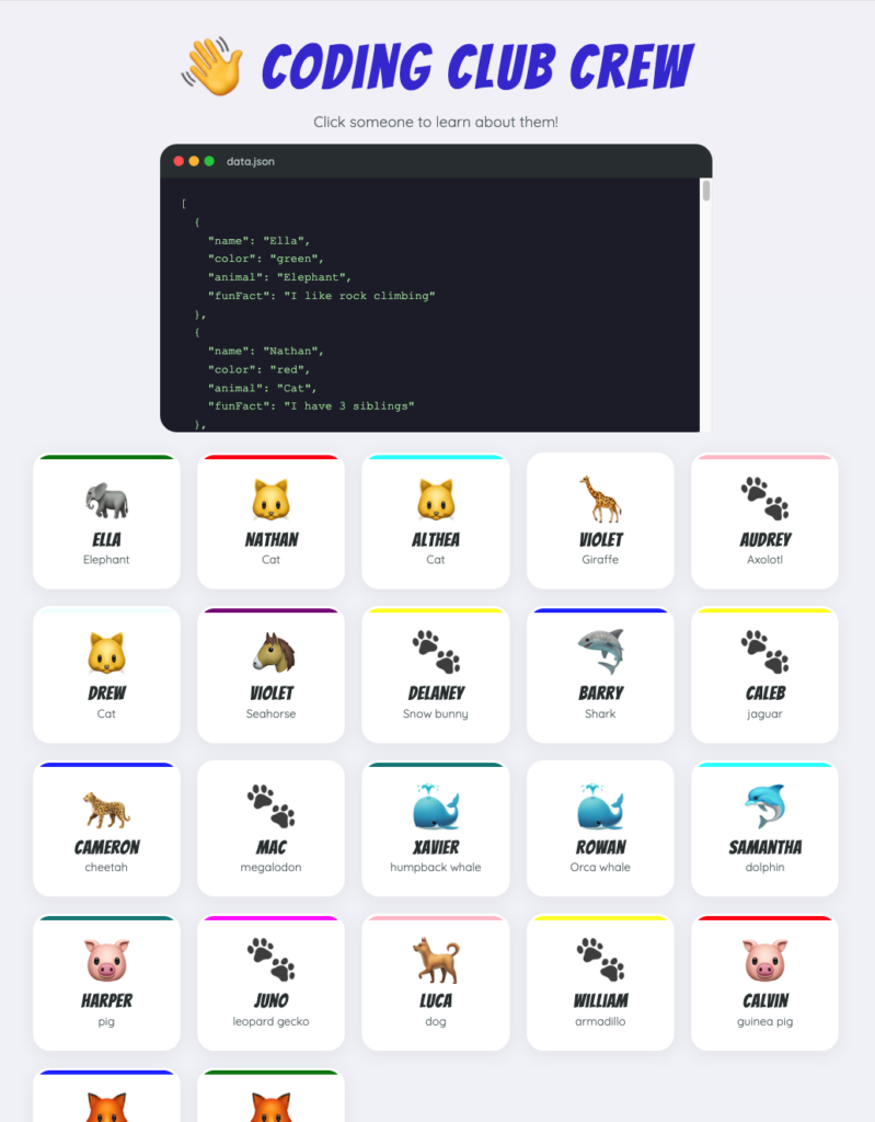 A website called "Coding club crew" featuring a grid of cards populated with each kid's provided info