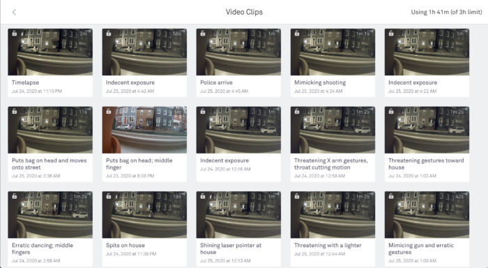 Screenshot of my security camera, highligting my neighbor's various threatening incidents 