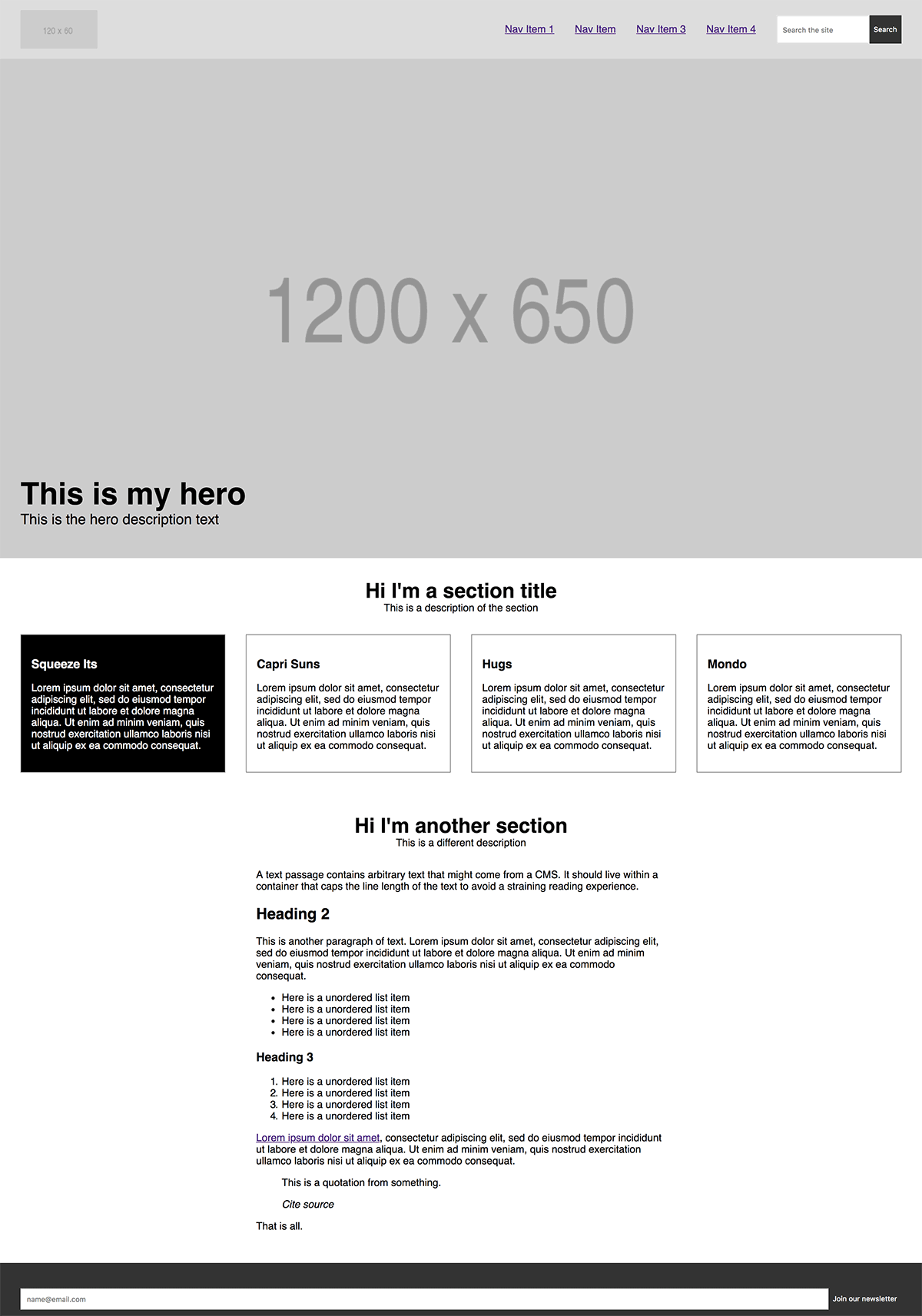 Screenshot from Dumb React, a basic demo that shows how to take components, include them inside of one another to build a simple, static page.