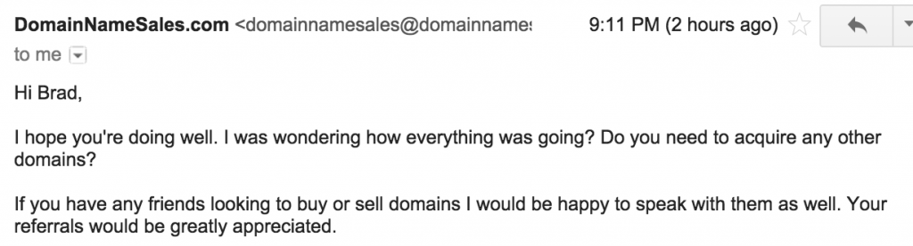 Solicitation email from domainnamesales.com