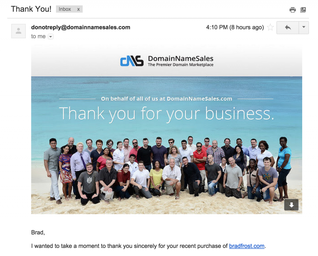 Insulting email from Domainnamesales.com thanking me for my business