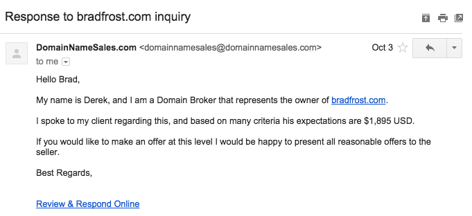 Email correspondence with domainnamesales.com