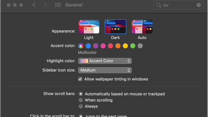 An animated gif showing MacOS system preference screen switching a toggle called "appearance" between the values "Light" and "Dark". Switching this toggle updates the GUI window from light gray to dark gray.