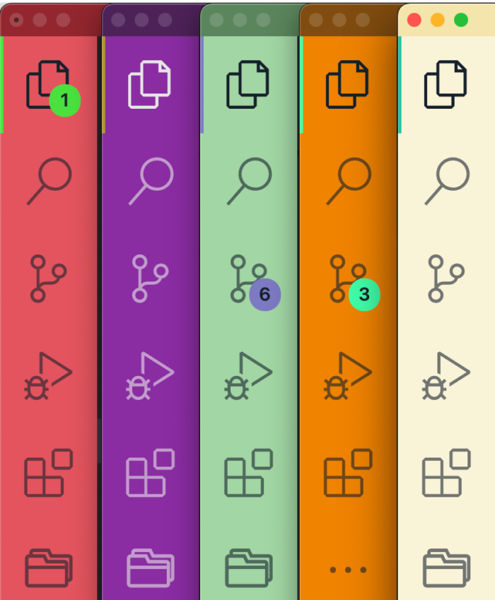 5 different VS Code editor windows that have different brand colors applied to them.