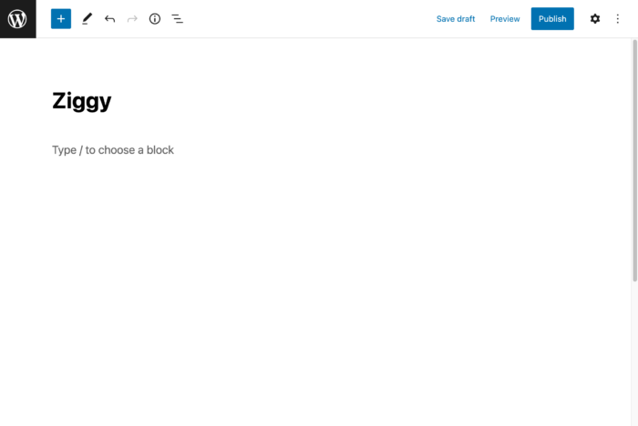 A WordPress blog post with title "Ziggy" but no text in the editor