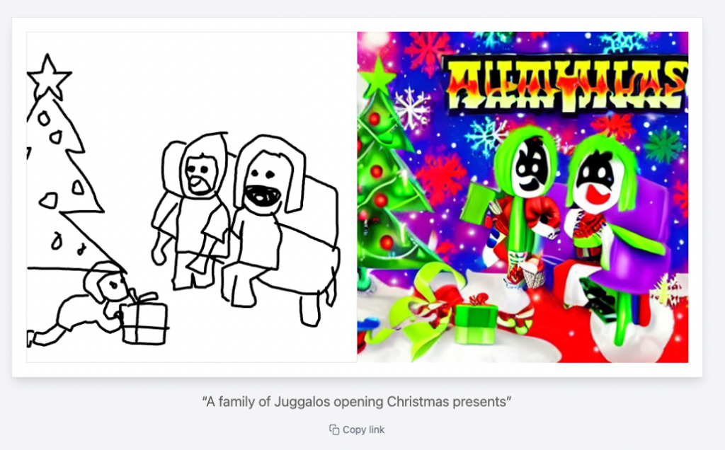 Scribble Diffusion rendering with prompt "A family of Juggalos opening Christmas presents"