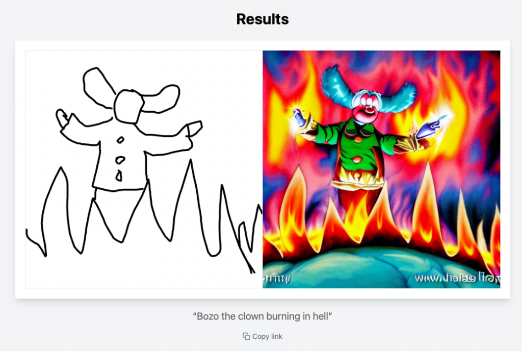 Scribble Diffusion rendering with prompt "Bozo the clown burning in hell"