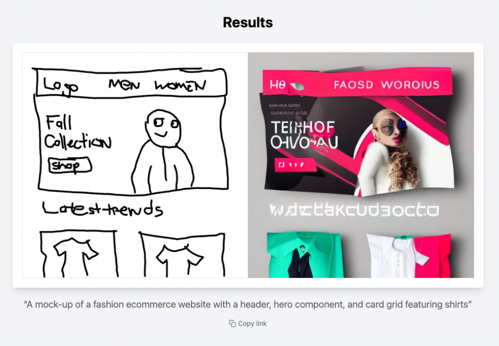 Scribble Diffusion results with the prompt "“A mock-up of a fashion ecommerce website with a header, hero component, and card grid featuring shirts”