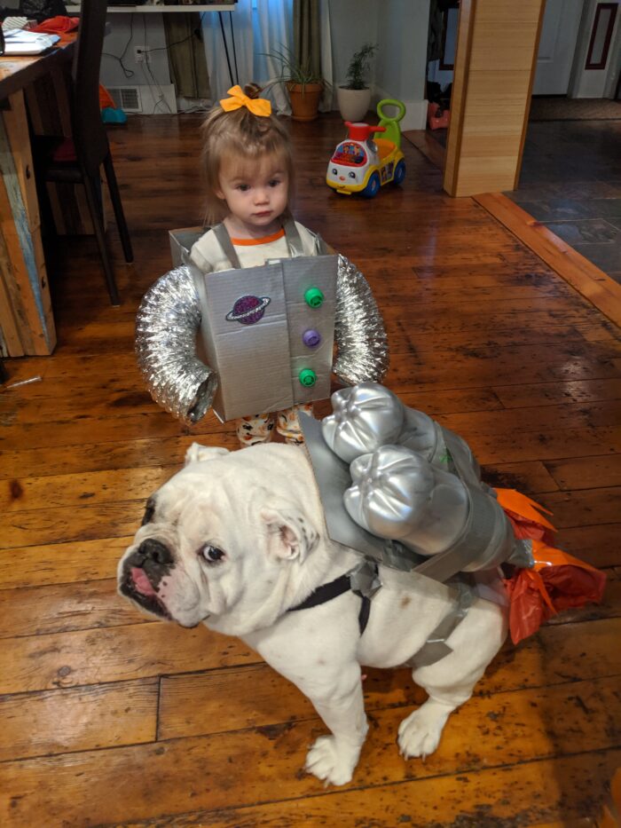 Ziggy and Ella dressed up like robots for Halloween.