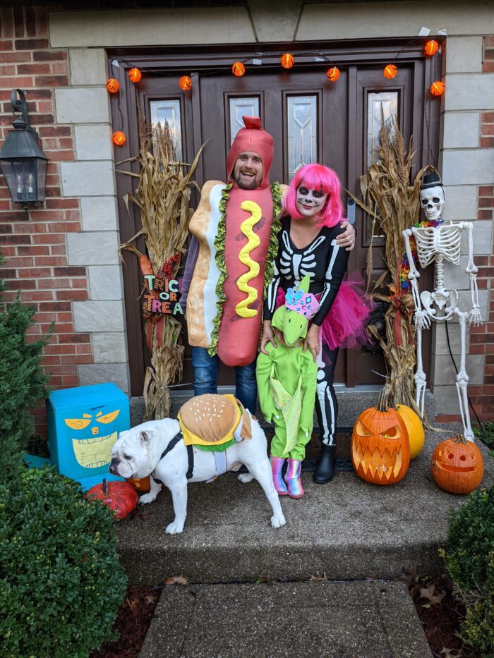 Brad, Melissa, Ella, and Ziggy dressed up in Halloween costumes