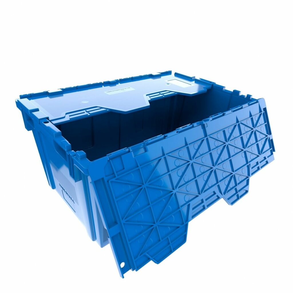 A blue plastic reusable bin with top folding doors