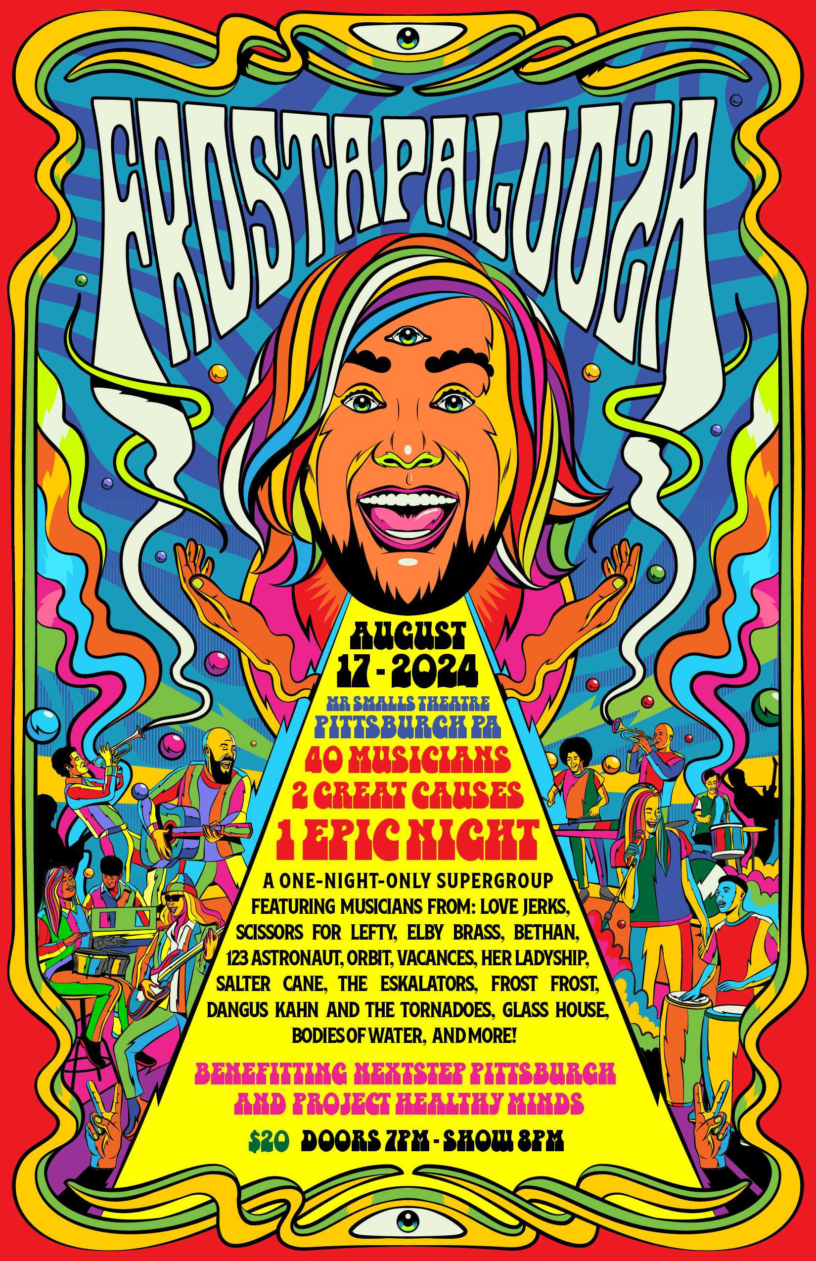 Frostapalooza music poster, featuring a psychedelic illustration of Brad's face, a bunch of musicians, and the details of the concert