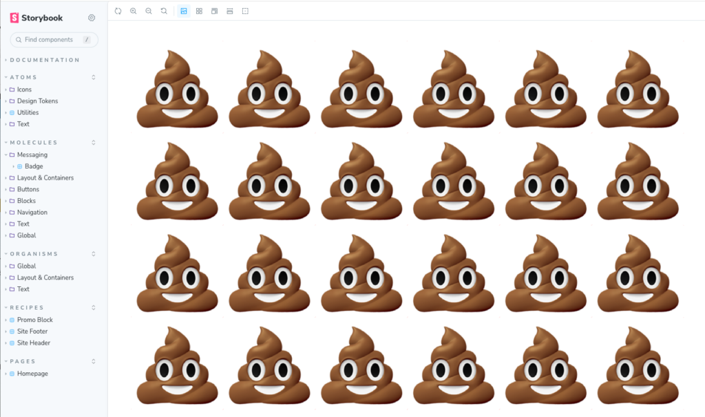 A Storybook UI with a bunch of poop emojis in the main window