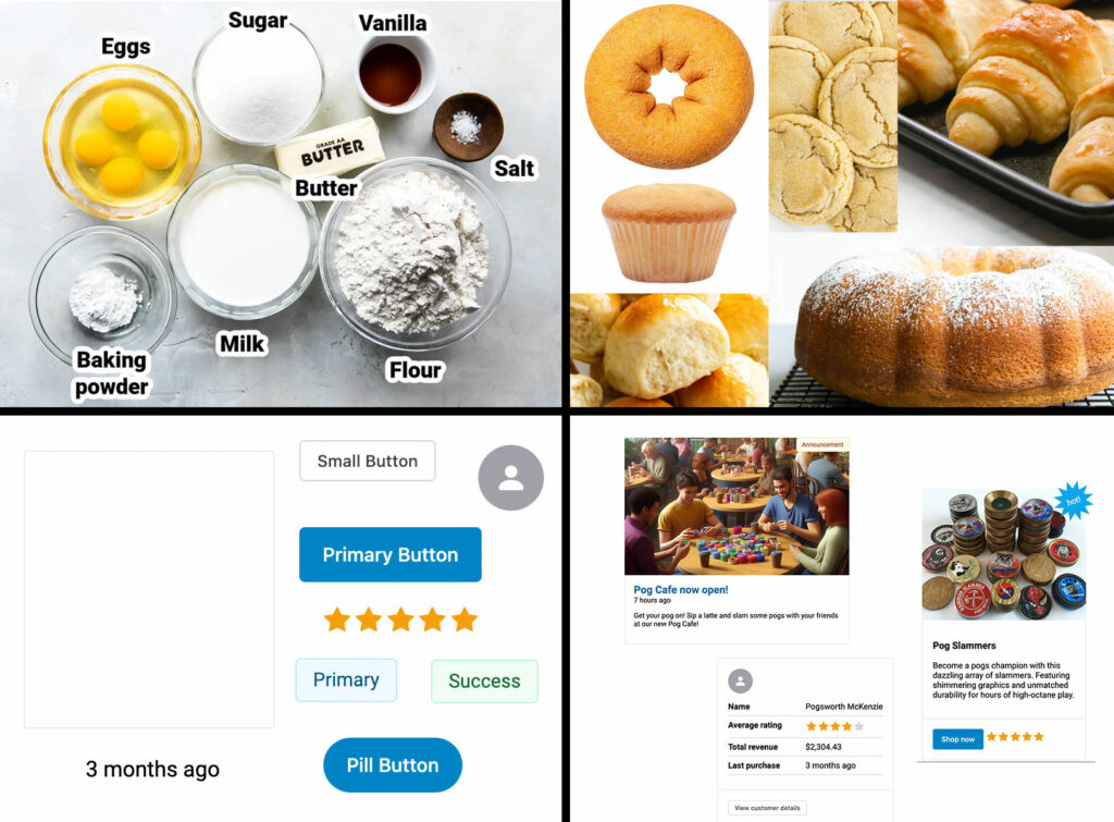 A 4-panel diagram. The top left shows labeled food ingredients like eggs, sugar, vanilla, milk, flour, and salt. The top right shows recipes that can be made with those ingredients, like donuts, cookies, croissants, muffins, and cakes. 

The bottom left shows design system components like buttons, cards, badges, and avatars. The bottom right shows three different card recipes that use the design system components.