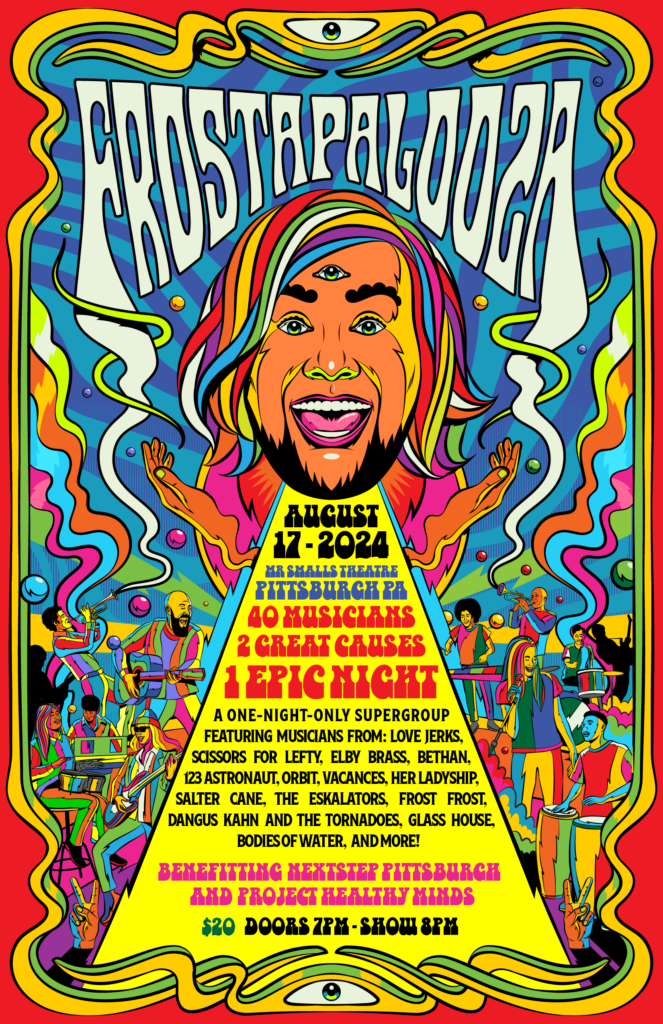 Frostapalooza poster featuring a psychedelic design of Brad's smiling face, a bunch of musicians, and the concert info