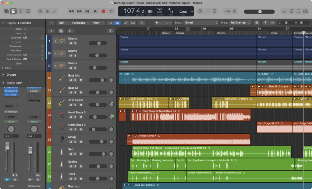 Screenshot of Logic Pro showing a multi-track recording of a Frostapalooza song